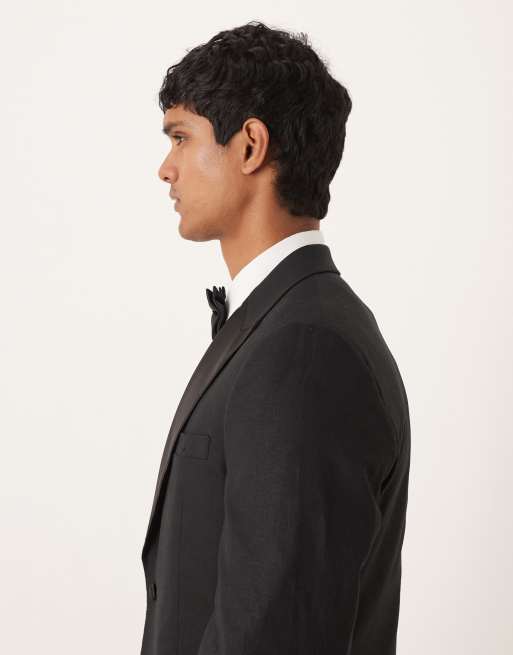 ASOS DESIGN linen blend slim tuxedo suit jacket in black, 4 of 5