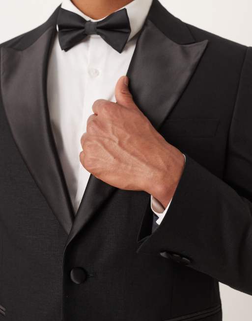 ASOS DESIGN linen blend slim tuxedo suit jacket in black