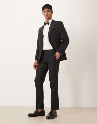 ASOS DESIGN linen blend slim tuxedo suit trousers in black