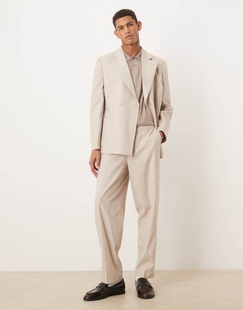 ASOS DESIGN linen blend slouchy double breasted suit set in stone - view 1