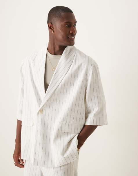 ASOS DESIGN linen-blend slouchy oversized suit jacket in white pinstripe - view 1