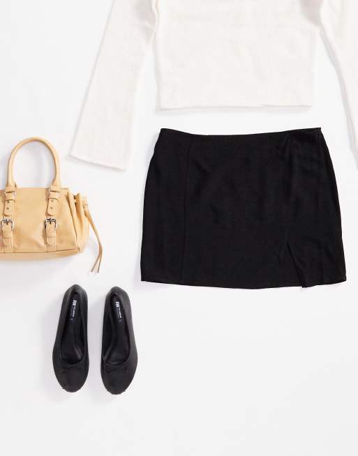 ASOS DESIGN linen blend split hem fitted mini skirt in black - part of a set