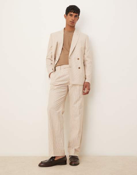 ASOS DESIGN linen-blend straight leg suit pants in stone stripe - view 1