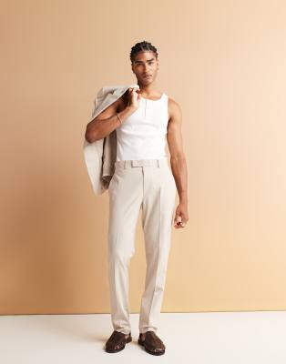 linen blend straight leg suit pants in stone-Neutral