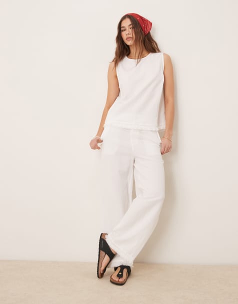 ASOS DESIGN linen blend straight leg trousers and top with tassel hem co-ord in white - WHITE - view 1