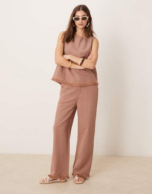 ASOS DESIGN linen blend straight leg trousers with tassel hem co-ord in mocha, 3 of 4