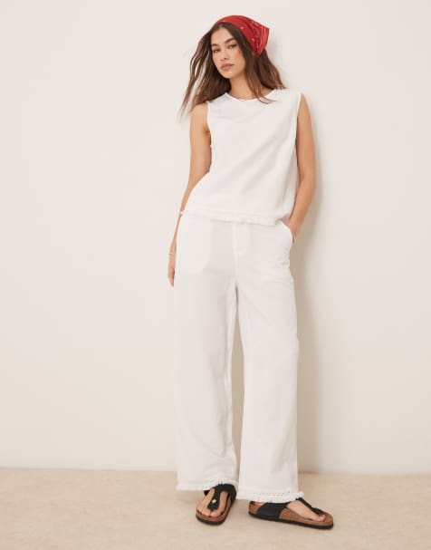 ASOS DESIGN linen blend straight leg trousers with tassel hem co-ord in white - view 1