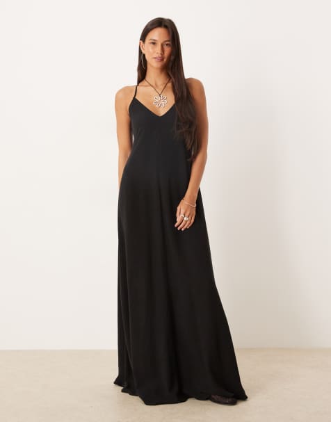 ASOS DESIGN linen blend strappy maxi dress in black - view 1