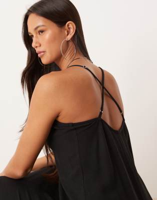 Asos Design Linen Blend Strappy Maxi Dress In Black