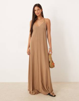 linen blend strappy maxi dress in brown