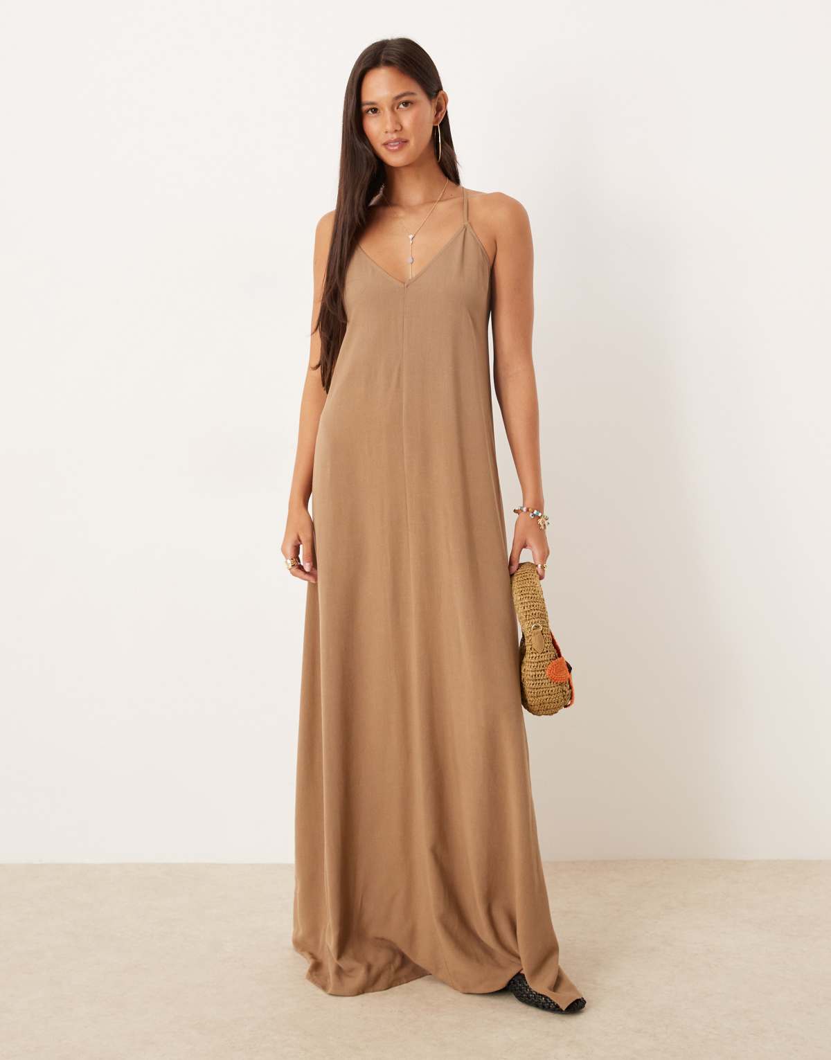 ASOS DESIGN linen blend strappy maxi dress in brown