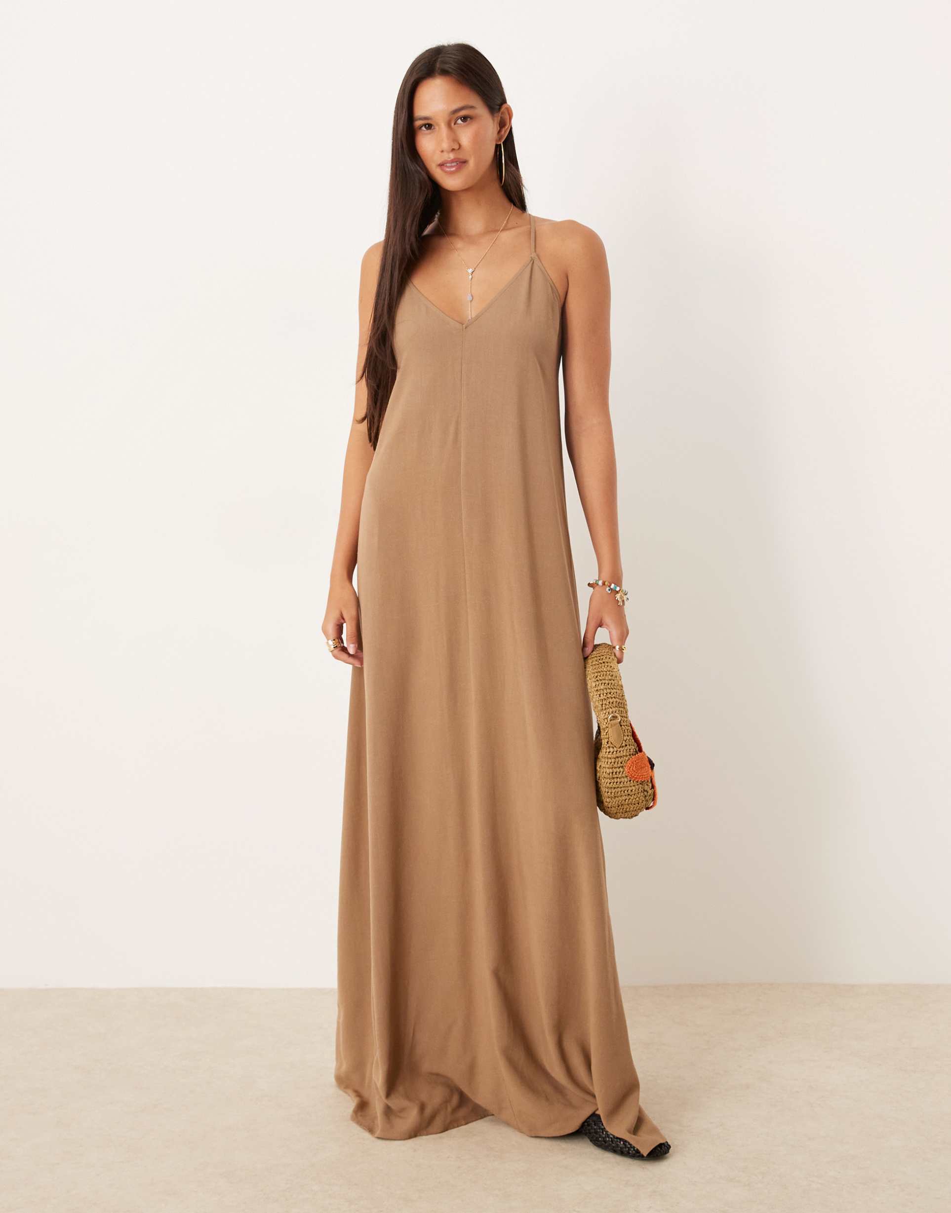 asos design linen blend strappy maxi dress in brown
