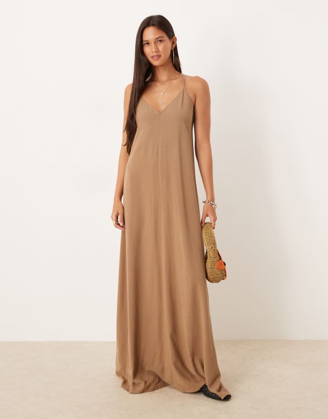 ASOS DESIGN linen blend strappy maxi dress in brown