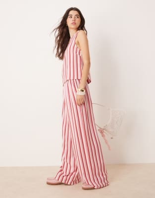 ASOS DESIGN ASOS DESIGN linen blend stripe pull on wide leg trouser in pink stripe-Multi