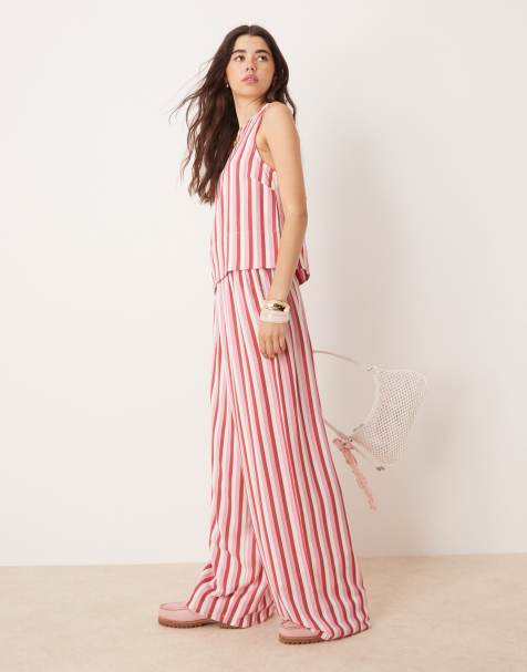 ASOS DESIGN linen blend stripe pull on wide leg trouser in pink stripe - view 1