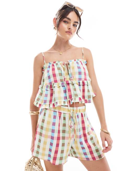 ASOS DESIGN linen blend swing detail cami top in multi plaid