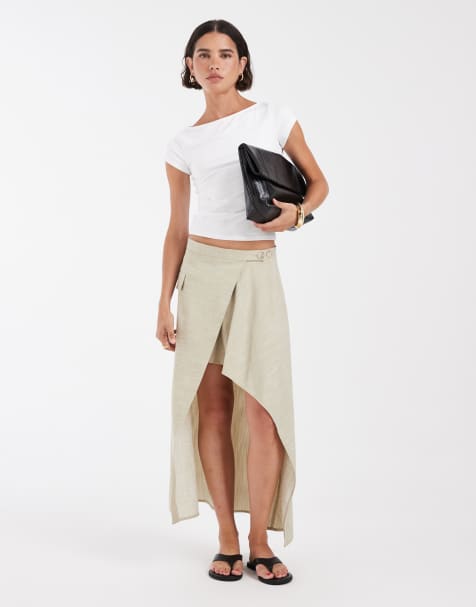 ASOS DESIGN linen blend tailored asym skirt in sage - view 1