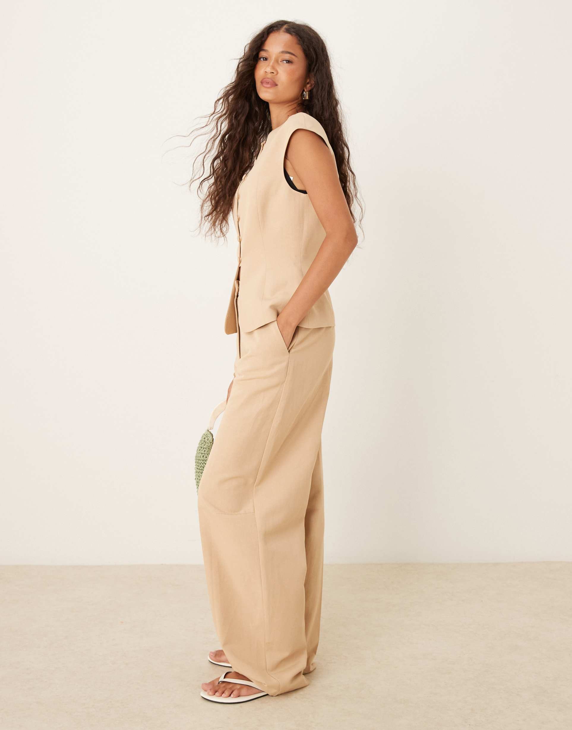 asos design linen blend tailored barrel leg pants in neutral