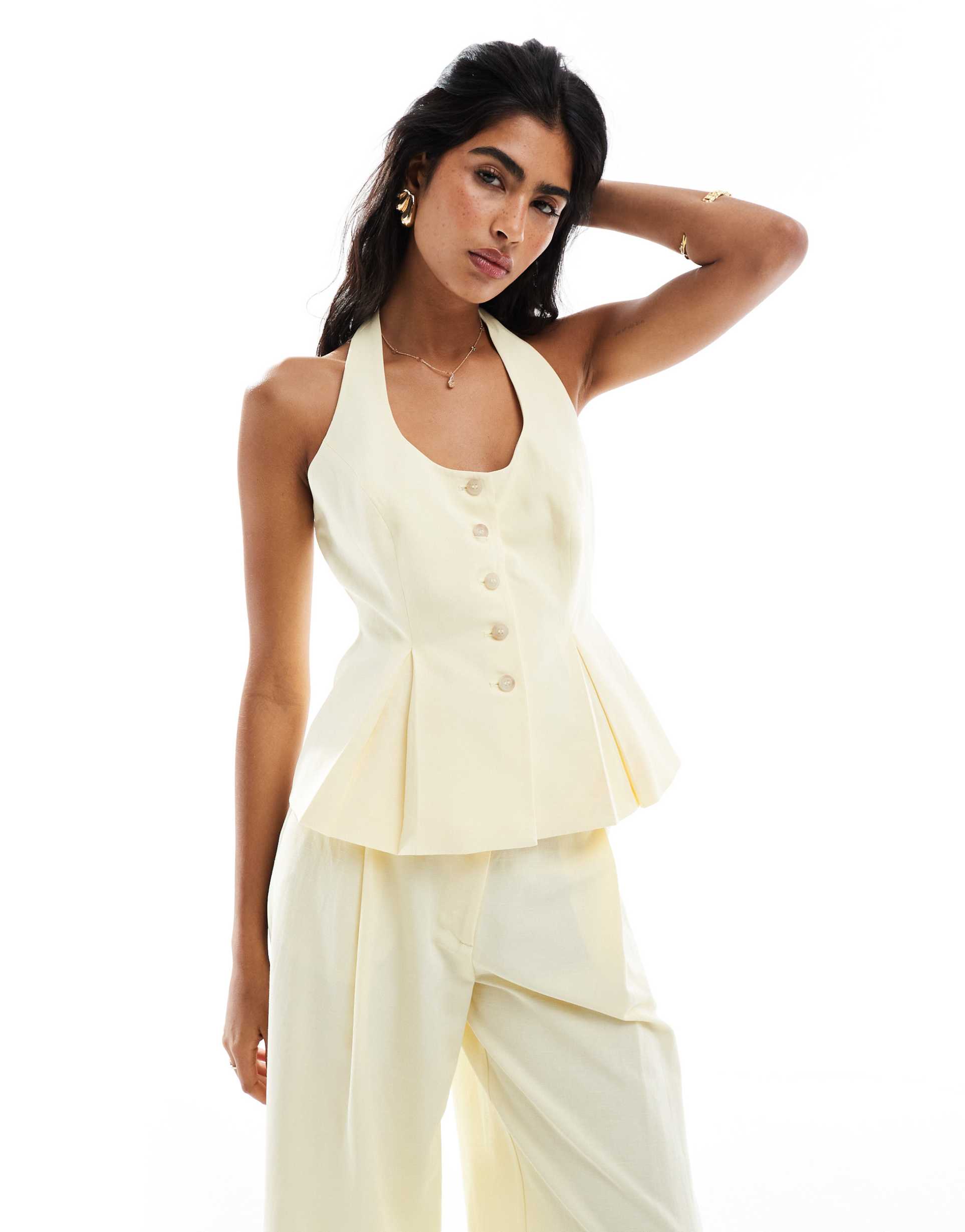 asos design linen blend tailored halter top in buttermilk