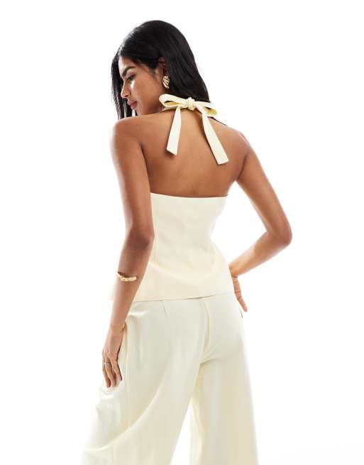 ASOS DESIGN linen blend tailored halter top in buttermilk
