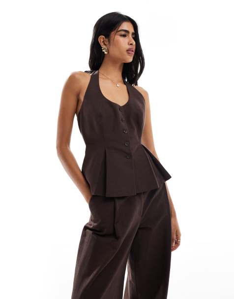 ASOS DESIGN linen blend tailored halter top in chocolate - view 1