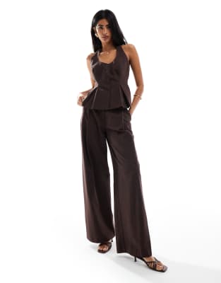 Asos Design Linen Blend Tailored Halter Top In Brown