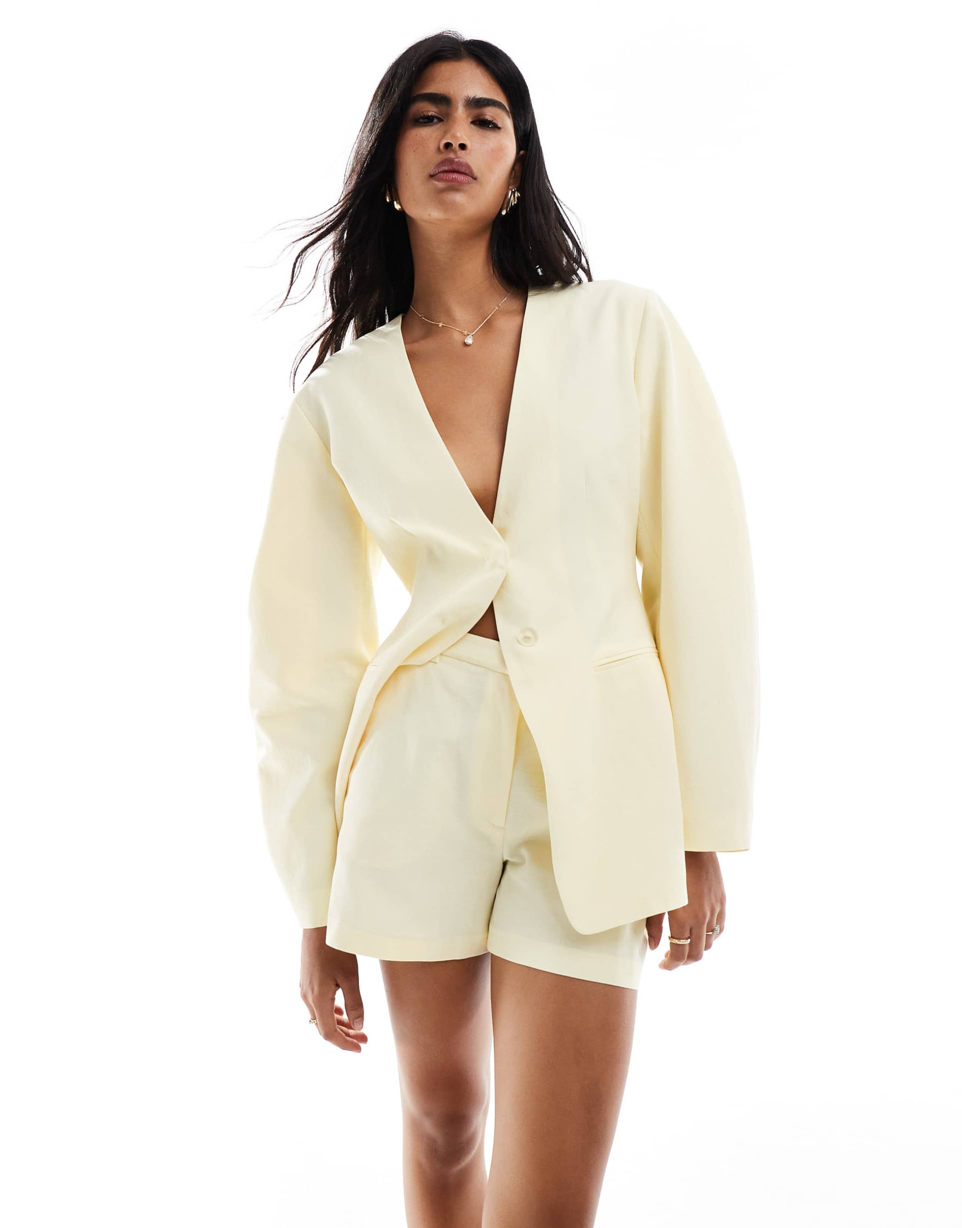 asos design linen blend tailored longline shorts in buttermilk