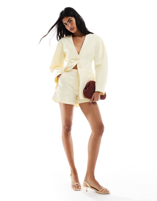 ASOS DESIGN linen blend tailored longline shorts in buttermilk