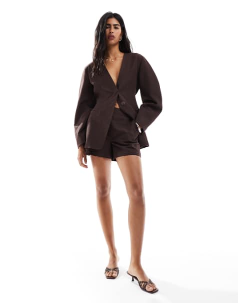 ASOS DESIGN linen blend tailored longline shorts in chocolate - view 1