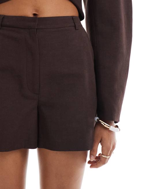 ASOS DESIGN linen blend tailored longline shorts in chocolate