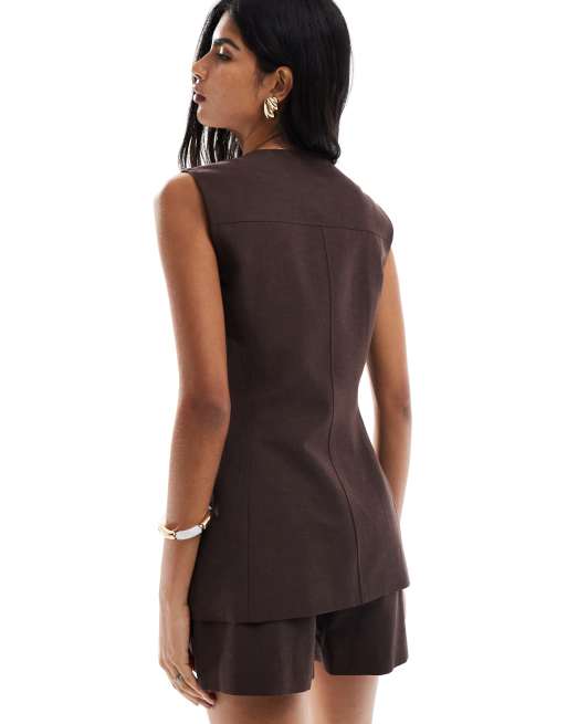 ASOS DESIGN linen blend tailored longline waistcoat in chocolate