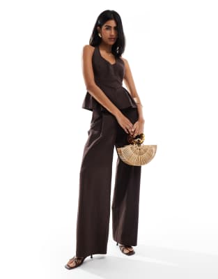 Asos Design Linen Blend Tailored Wide Leg Pants In Brown