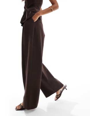 Asos Design Linen Blend Tailored Wide Leg Pants In Brown