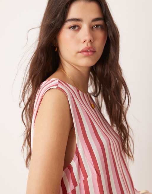 ASOS DESIGN linen blend tank top in pink stripe, 3 of 4