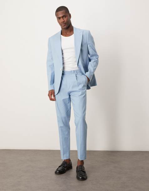 ASOS DESIGN linen blend tapered suit chino pants in light blue - view 1