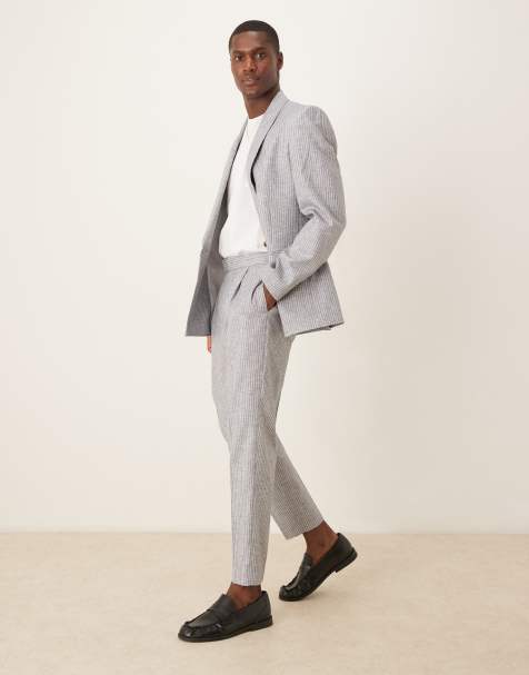 ASOS DESIGN linen blend tapered suit trousers in blue stripe