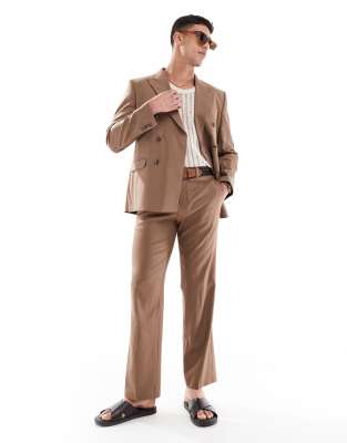 Asos Design Linen Blend Tapered Suit Pants In Brown
