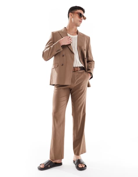 ASOS DESIGN linen blend tapered suit pants in brown - view 1