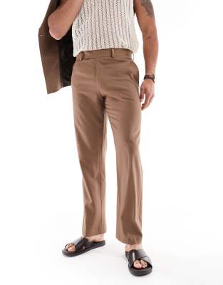 Asos Design Linen Blend Tapered Suit Pants In Brown