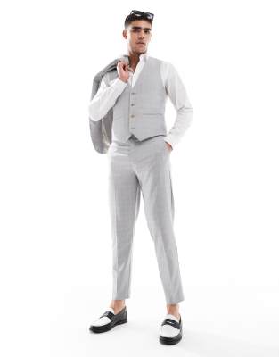 ASOS DESIGN linen blend tapered suit pants in gray tonal plaid