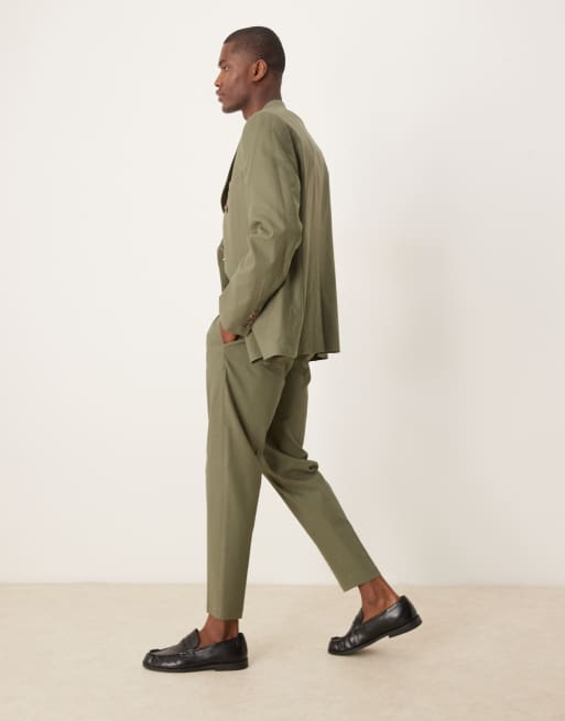 ASOS DESIGN tapered suit pants with linen in green