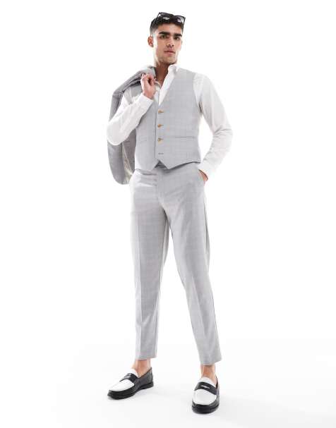 ASOS DESIGN linen blend tapered suit trousers in grey tonal check - view 1