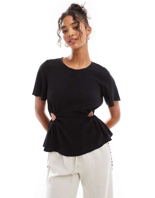 ASOS DESIGN linen blend tee with cut out sides in black