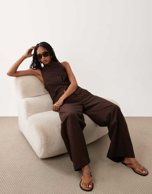 ASOS DESIGN linen blend tie detail low rise pants in chocolate - part of a set, 2 of 5