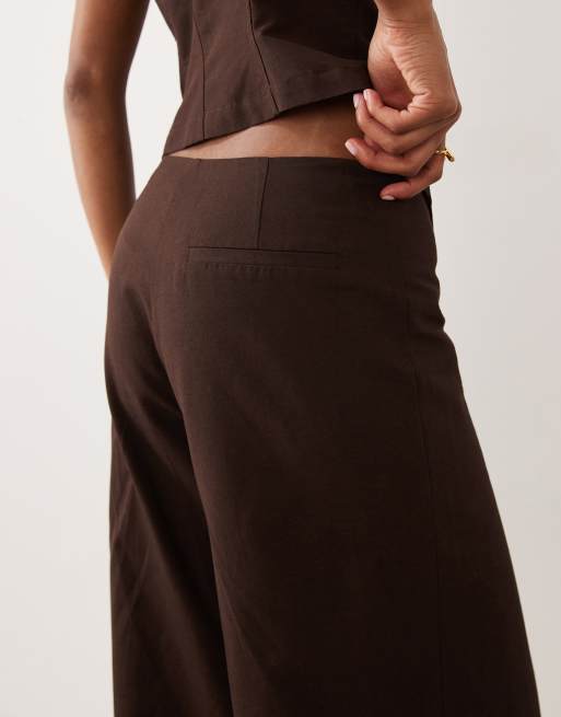 ASOS DESIGN linen blend tie detail low rise pants in chocolate - part of a set, 4 of 5