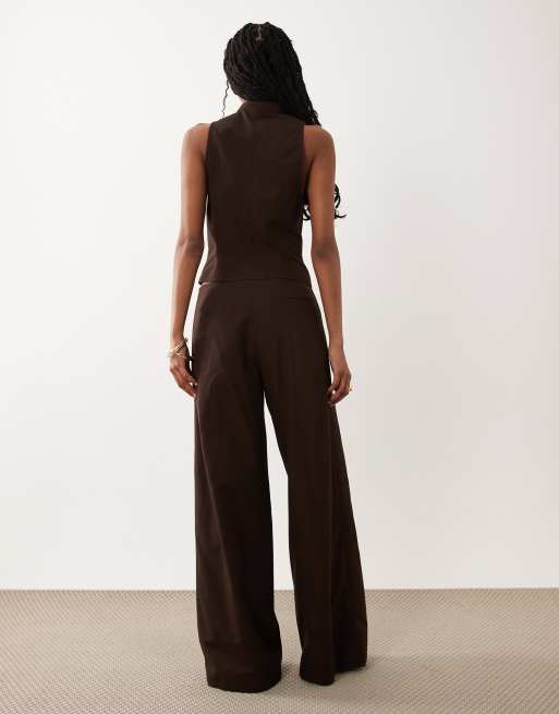 ASOS DESIGN linen blend tie detail low rise pants in chocolate - part of a set, 5 of 5