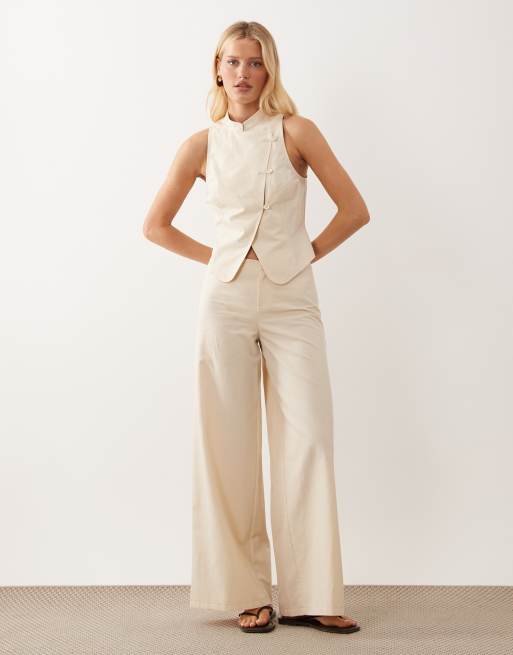 ASOS DESIGN linen blend tie detail mandarin collar top in ivory set, 2 of 3