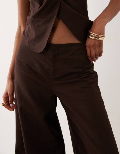 ASOS DESIGN linen blend tie detail low rise trouser in chocolate co ord, 3 of 5