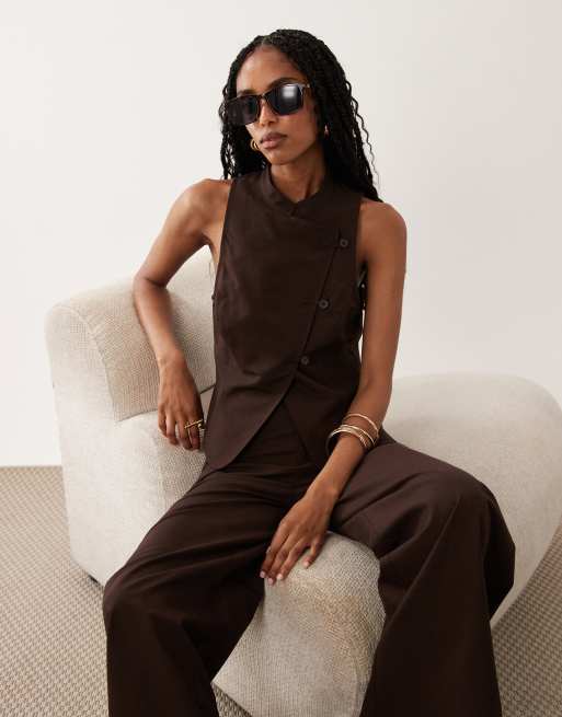 ASOS DESIGN linen blend tie detail mandarin collar top in chocolate co ord - BROWN, 3 of 3