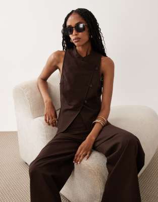 Asos Design Linen Blend Tie Detail Mandarin Collar Top In Brown